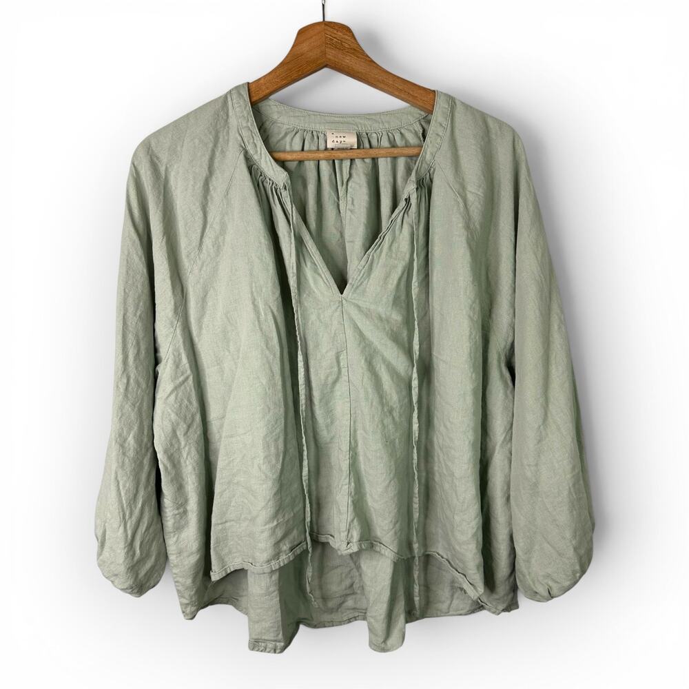 A New Day Sage Green Linen Blend Blouse Womens Size Medium Milkmaid Boxy Peasant